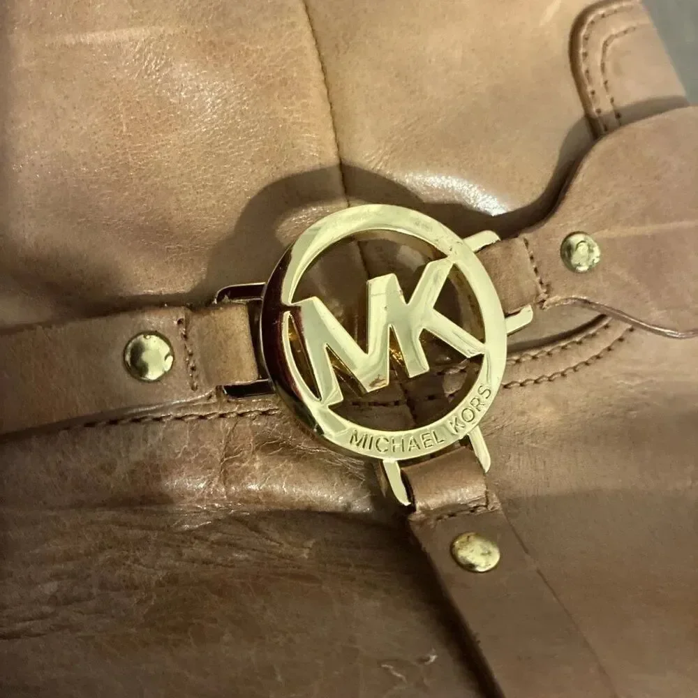 MICHAEL KORS FULTON HARNESS Camel Brown GOLD MK LOGO LUGGAGE RIDING BOOTS 7.5